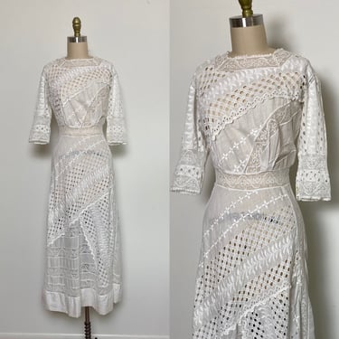 Antique Edwardian Dress White Cotton Eyelet and Lace Size XS 