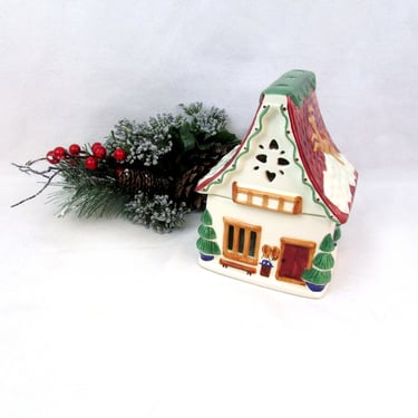 Vintage Pfaltzgraff Nordic Christmas Tea Light House Candle Holder -Christmas Village - Reindeer -Ski Chalet- Pierced Lighting 