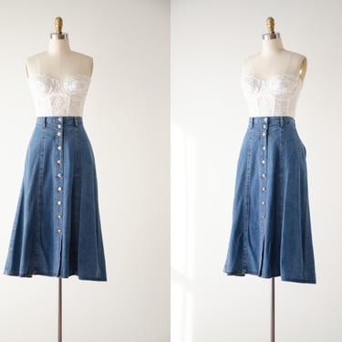 long jean skirt | 80s 90s vintage Bill Blass dark wash academia style fit and flare denim midi skirt 