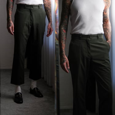 Vintage 80s DICKIES Dark Olive Green Workwear Pants w/ Talon Zipper | Made in Honduras | 1980s Designer Grunge, Skater, Chore Unisex Pants 