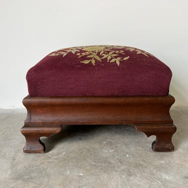 Empire Antique Carved Flame Mahogany Needlepoint Footstool 