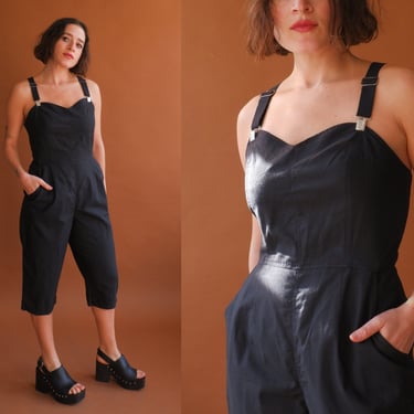 Vintage 80s Suspender Lace Up Jumpsuit/ 1980s Black Cotton Romper/ Size Medium 