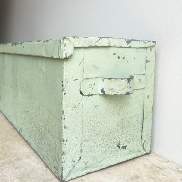 Antique LARGE 30” Mailbox Vintage Green Farmhouse Sheet Metal Heavy Duty Metal Basket Box Lid Handles Industrial Storage Organize Planter 