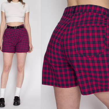 Medium 90s Hot Pink & Navy Blue Plaid Shorts 30.5" | Vintage Palmetto's High Waisted Casual Shorts 