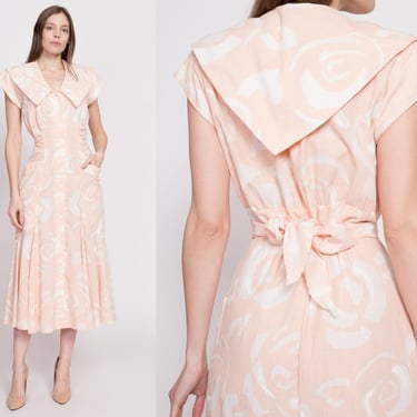80s Does 40s Pink & White Sailor Collar Midi Dress Medium | Vintage Button Front Mermaid Hem Boho Abstract Print Secretary Dress 