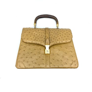Vintage 1960s Brown Ostrich Purse, Lucille de Paris Top Handle Footed Handbag, Mid-Century Kelly Style Bag, 