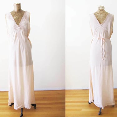 Vintage 1930s 1940s Silk Bias Cut Slip Dress  M L  - 30s 40s Blush Pink Lace Long Nightie Nightgown - Romantic Boudoir Vintage Lingerie 