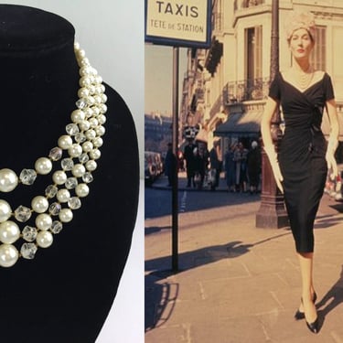Parisian Cross Roads - Vintage 1950s Ivory Faux Pearl 4 Strand Necklace w/AB Facet Cut Lucite Beads 
