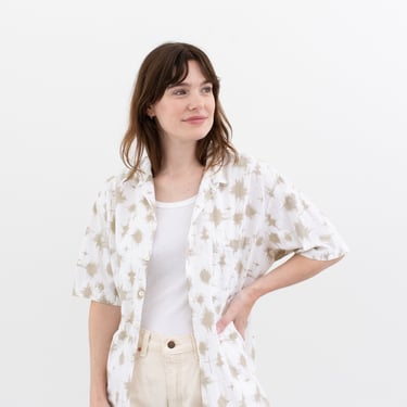 Vintage White Beige Star Button up Short Sleeve Shirt | Unisex Cotton Work Tunic | M L | 