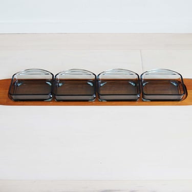 Danish Modern Solid Teak Tray with Glass Dish Inserts by Kjeni Merlose Made in Denmark 