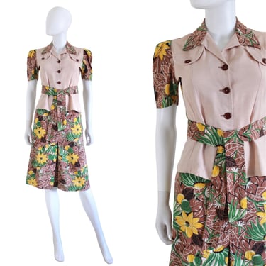 1940s Lemon Lime Tropical Print Resort Wear Linen Suit - 40s Tropical Print Suit - 40s Gabardine Suit - 40s Skirt & Blouse Set | Size Small 