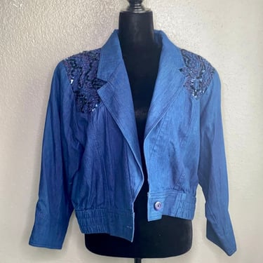 Vintage denim cropped blazer with sequins and ribbon trim by Howard Wolf 