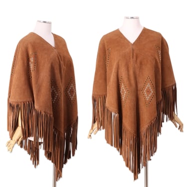 70s suede fringe poncho, vintage Woodstock era brown cape, 1970s grommet studded poncho wrap One Size 60s 