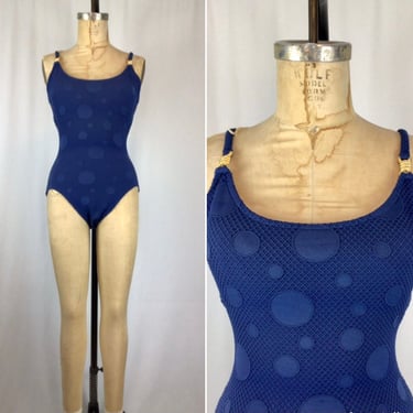 Vintage 70s swimwear | Vintage blue polka dot one piece swimsuit | 1970 royal blue bathing suit 
