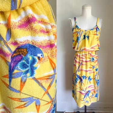 Vintage 1980s Bird Novelty Print Terry Cloth Sundress / S 