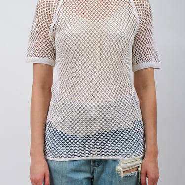 1970s White Fishnet Mesh Top