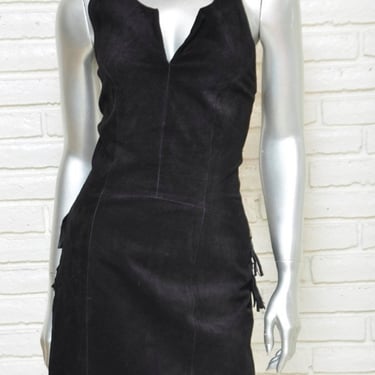 Vintage Black Suede Dress with Leopard Print and Fringe 80's Style Party Dress By Chia Size 6 Size 8 Medium LBD 