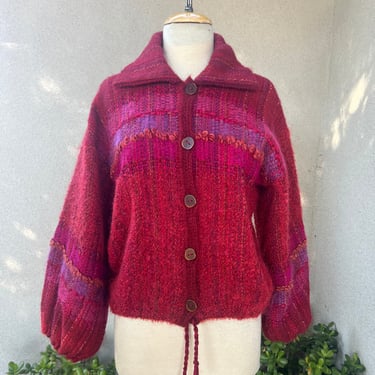 Vintage boho knit sweater jacket cardigan hand woven red brown Small 