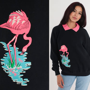 Flamingo Sweatshirt 90s Black Collared Sweatshirt Pink Collar Tropical Bird Graphic Shirt Retro Grandma Sweater Vintage 1990s Extra Large xl 