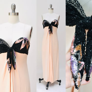 80s 90s Vintage Silk Sequin Gown Dress XXS XS By Bob Mackie Silk// Vintage Wedding Silk Pink Peach Black Gown Sequin Strapless Silk Dress 