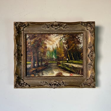 70's Erminio Impressionist Woodland Rive Landscape Oil Painting, Framed 