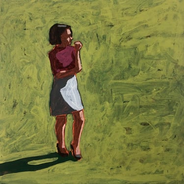 Woman on Lawn - Original Acrylic Painting on Canvas 10 x 10 - retro, figurative, fine art, gallery wall, small, michael van 