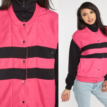 80s Striped Jacket Hot Pink Black Snap Up Coat Striped Color Block Funnel Neck Sporty Retro Normcore Streetwear Vintage 1980s Medium 