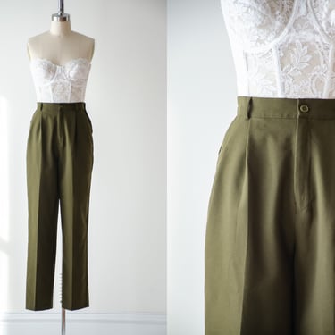 high waisted pants | 80s 90s vintage olive green cottagecore dark academia pleated straight leg trousers 