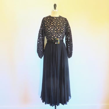 1970's Black Silk Long Evening Dress Long Sleeves silk Flocked Bodice Flared Skirt 70's Formal Dressy Dresses Lord & Taylor 28