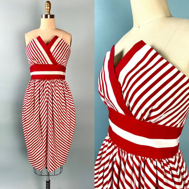 Vintage VICTOR COSTA 1980s Candy Stripe Cinch Waist Bustier Strapless Dress 