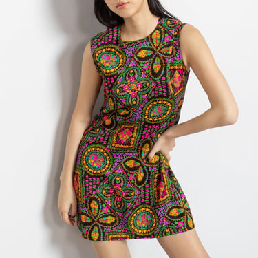 70's FLORAL MINI DRESS Colorful Vibrant Short Summer Party Vintage / Medium 