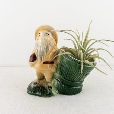 Small Kitschy Gnome Ceramic Planter, Vintage Man with Beard Plant Holder, Plant Lover Gift 