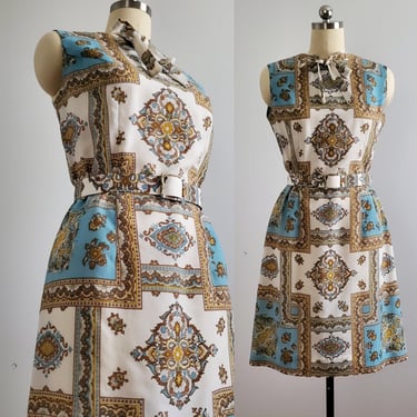 1960s Rococo Print Dress with Matching Belt by Jean Lang - 60s Dress - 60s Women's Vintage Size Large 