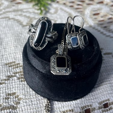 Sterling Silver Marcasite and Black Ring, Earring and Necklace Collection 