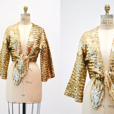 60s 70s Vintage GOLD Sequin Cropped Jacket Small Medium Metallic Gold Sequin Crop Top Jacket 70s Glam Gold Disco Cropped Jacket Medium 