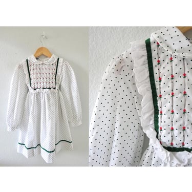 Vintage Girls Smocked Polka Dot Print Dress - Polly Flinders Dress - Long Sleeves Collared Prairie Hippie Style - Size 6X 