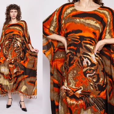 Vintage Tiger Print Kaftan Dress, Deadstock - One Size | 80s 90s Boho Animal Print 3/4 Sleeve Maxi Fringe Hippie Caftan 