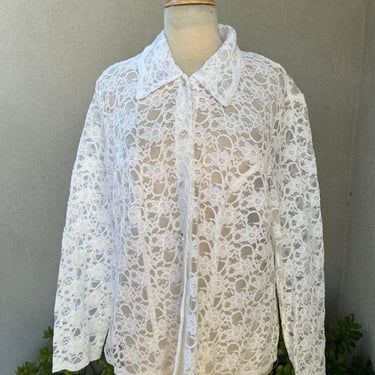 Vintage sheer white lace blithe rhinestone buttons Sz 16W by R&M Richards Woman 