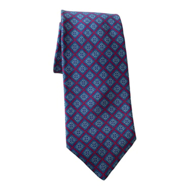 Vtg blue and red medallion silk tie. 3" Classic geometric foulard necktie by Graham Lockwood of London England 