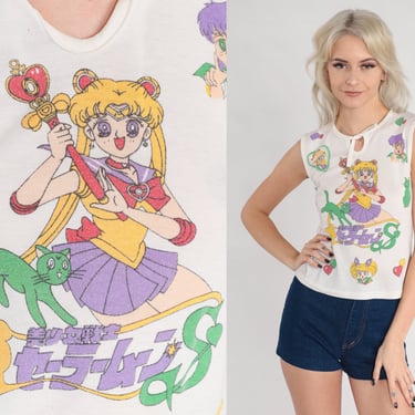 Vintage Sailor Moon Shirt 90s Manga Tank Top Japanese Anime Graphic Tee Venus Luna Kawaii Cartoon TShirt Single Stitch White 1990s Small S 