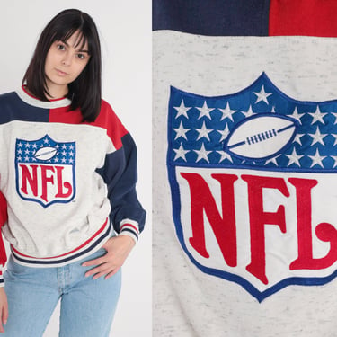 NFL Sweatshirt 90s Officially Licensed American Football Shirt Sports Heather Grey Red Blue Striped Ringer Official Vintage 1990s Medium M 