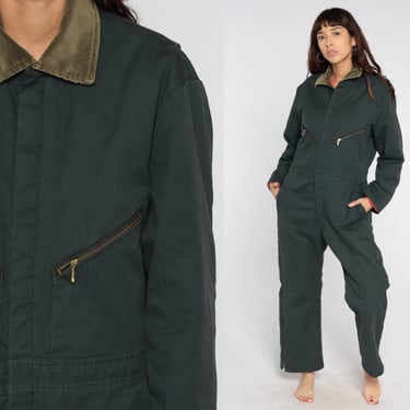 Walls Coverall Jumpsuit 80s Forest Green Workwear Pant Quilted Lining Insulated Long Pants Work Wear Lined Vintage 1980s Mens Medium Short 