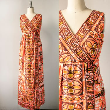 1960s Hawaiian Dress Printed Cotton Maxi M 