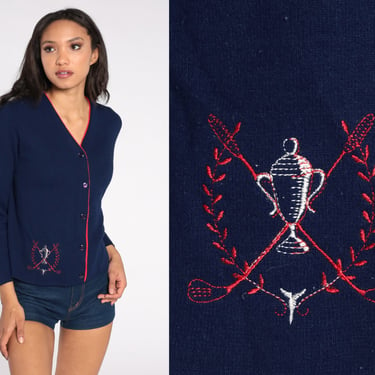 80s Golf Sweater Dark Blue Cardigan Sweater Embroidered Button Up 1980s Grandpa Sports Slouchy Vintage Retro Haymaker Medium 