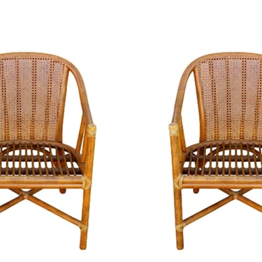 McGuire Rattan Cane Barrel Back Dining Chairs, a Pair 