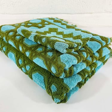 1970s Vintage Fieldcrest Towel Set Light Green & Gold Terry Cloth Towel Mid  Century Modern Bath Hand Home Decor 