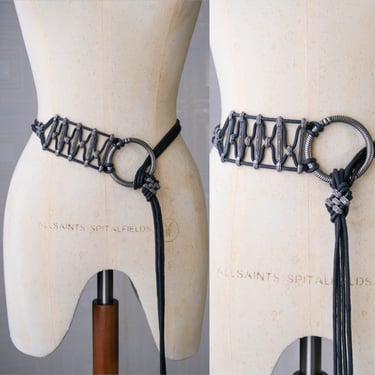 Vintage Y2K Industrial Gunmetal Woven Metal Tie Waist Belt | Black Braided Rope Wrap Belt | Made in USA | 2000s Silver Metal Designer Belt 