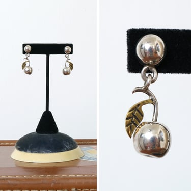 vintage Taxco sterling cherry earrings • novelty fruit dangle earrings in silver & brass 