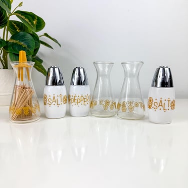 Vintage Pyrex Shaker Sets, Sold Individually: Corning Milk Glass Salt & Pepper, Toothpick Holder, Harvest Gold, Butterfly Gold Pattern 