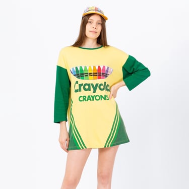 Vintage 90s Crayola Crayons T Shirt Dress - Small | Graphic Tee Mini Dress Novelty School Art Supply Top 